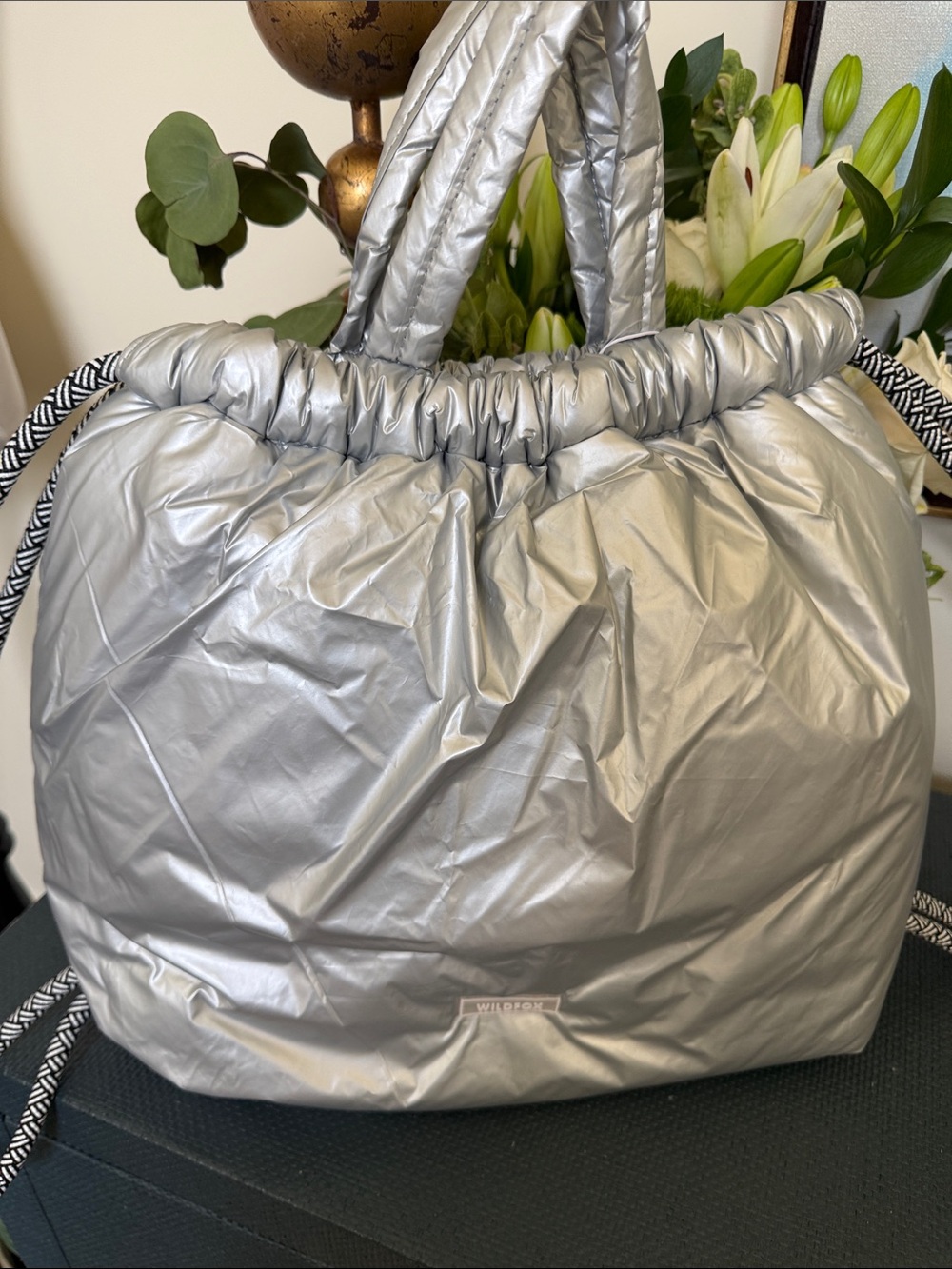 Wildfox Metallic Silver Puffey Puffer Backpack Tote Bag NWT